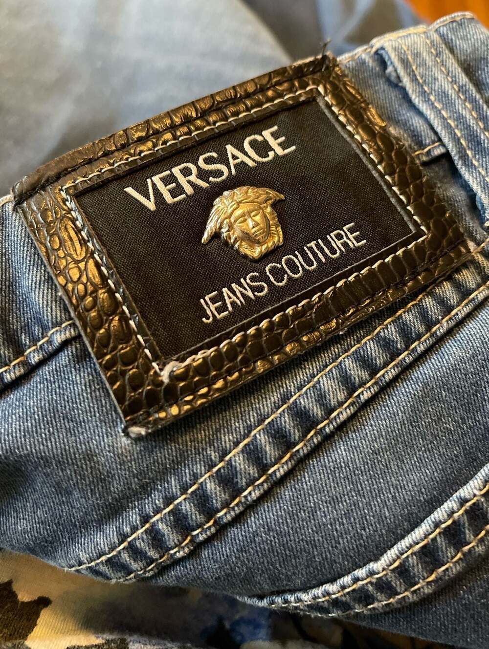 Versace Jeans Couture Men's Blue Straight Jeans with Black Leather Patch